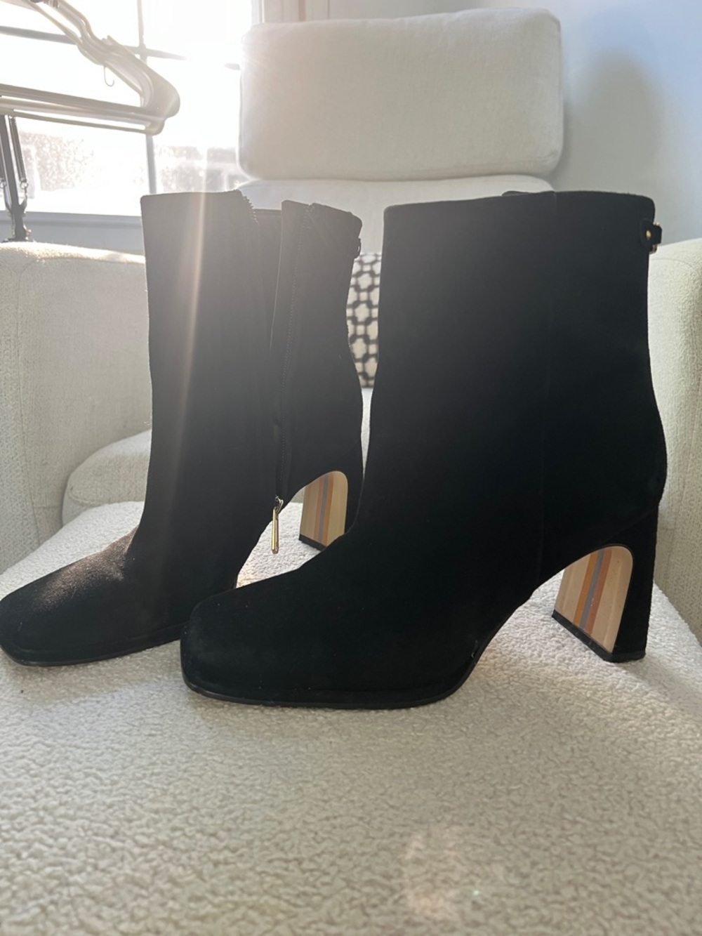 Sam Edelman Black Suede Ankle Booties with Striped Block Heel